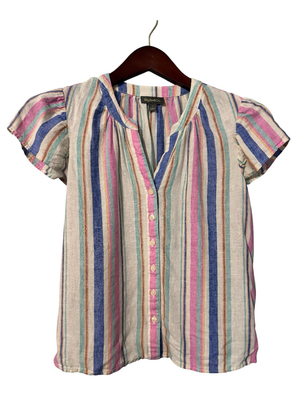Style & Co. Colorful Striped Linen Blend Short Sleeve Button Up Blouse - Size S